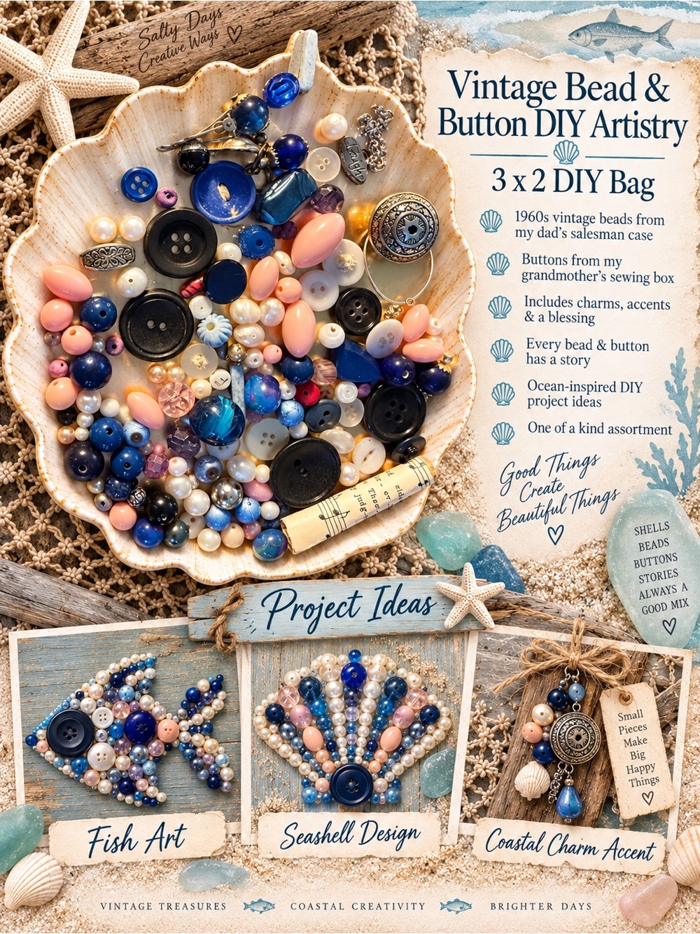 Vintage Ocean-Inspired Bead & Button Brooch - Blue and Pink